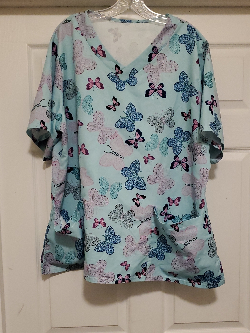 V-Neck Butterfly Print Blouse in Light Aqua